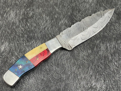 9 Inch Damascus Steel Skinning Bowie Knife with Texas Flag Handle