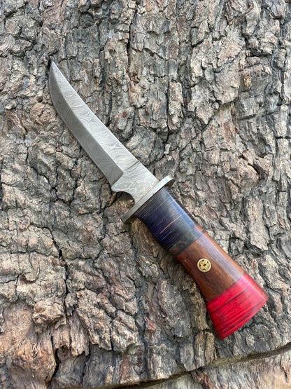 Heritage Forge Custom Forged Damascus Steel Bowie Boot Hunting Knife with Wood Handle