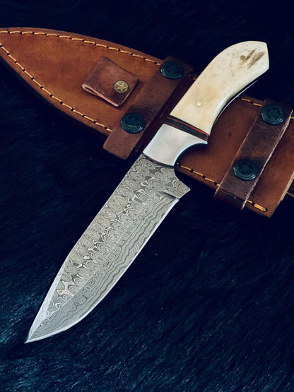 10 Inch Rain Drop Damascus Steel Bowie Knife with Camel Bone and Wood Handle
