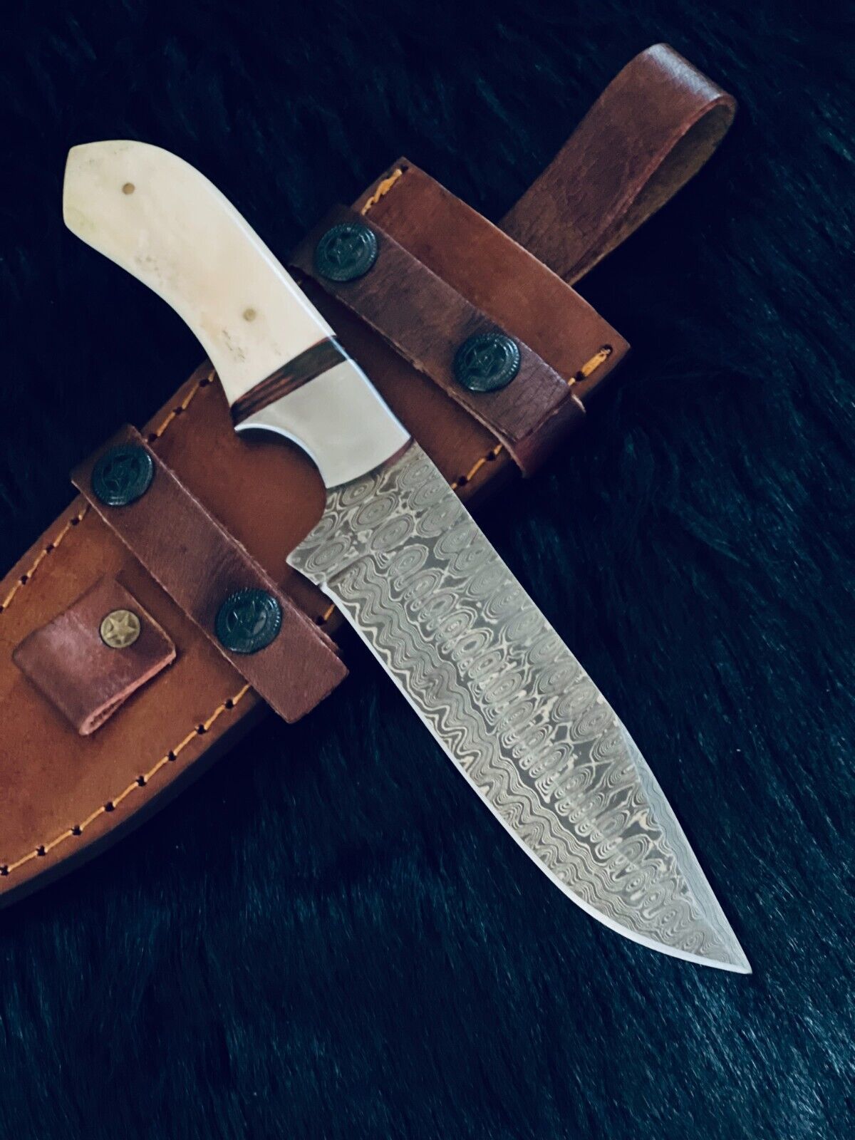 10 Inch Rain Drop Damascus Steel Bowie Knife with Camel Bone and Wood Handle