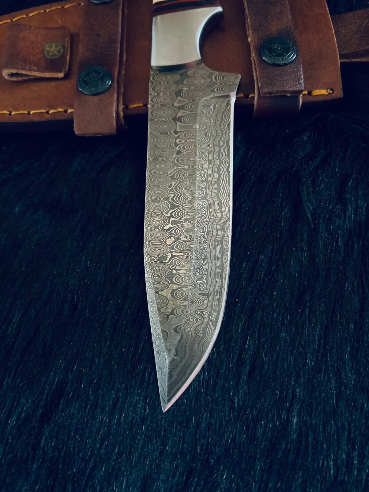 10 Inch Rain Drop Damascus Steel Bowie Knife with Camel Bone and Wood Handle