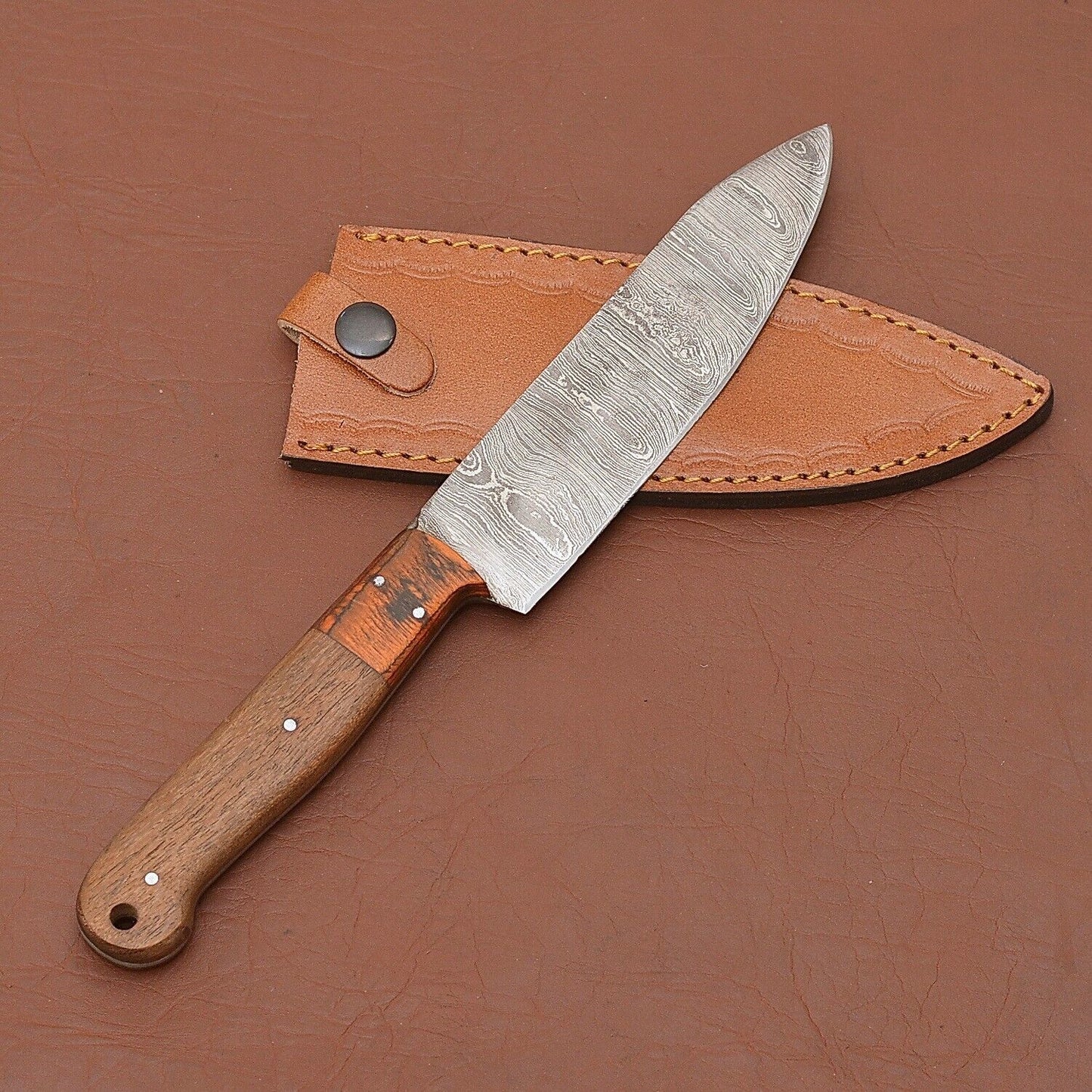 Hand-Forged Damascus Steel Chef Fillet Knife with Elegant Pakka Wood Handle & Leather Sheath