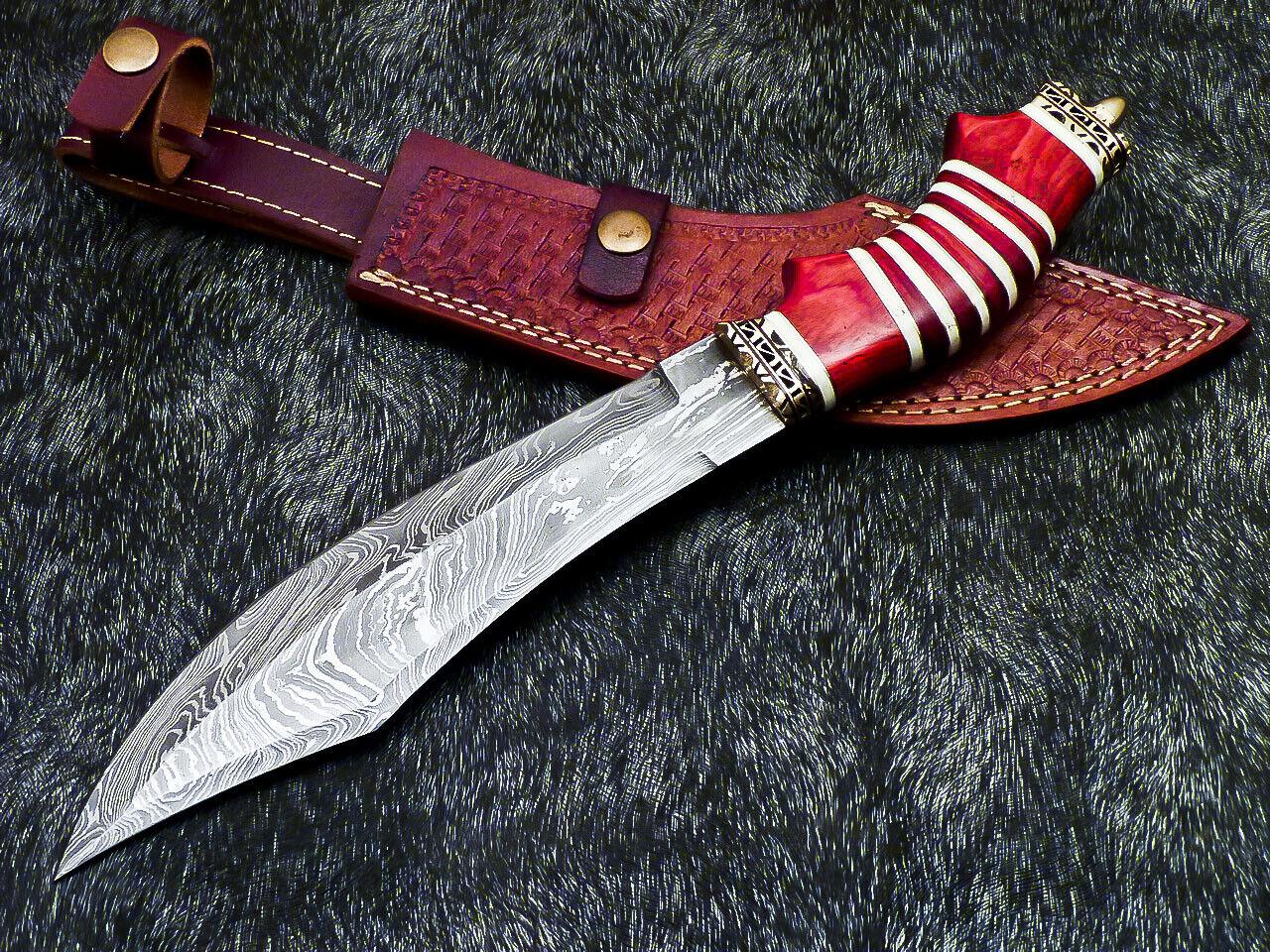 13" Damascus Bowie Knife – Camel Bone & Hardwood Handle