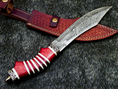 13" Damascus Bowie Knife – Camel Bone & Hardwood Handle