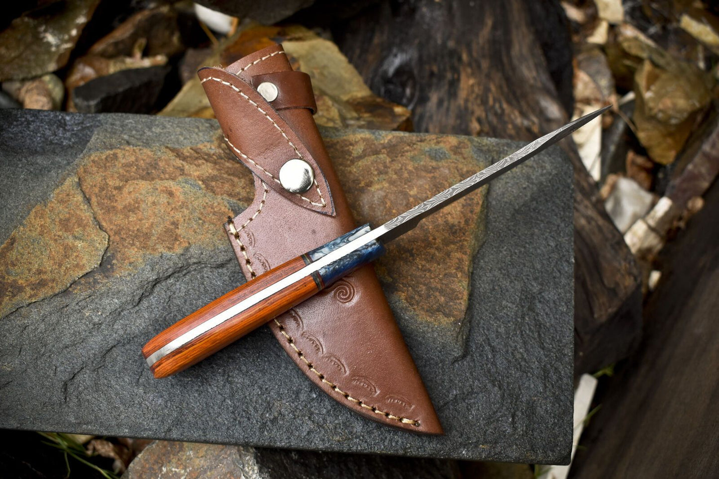 Twist Damascus Skinner Knife with Hardwood Handle and Micarta Bolster – Handmade Fixed Blade for Fishing and Outdoor Use