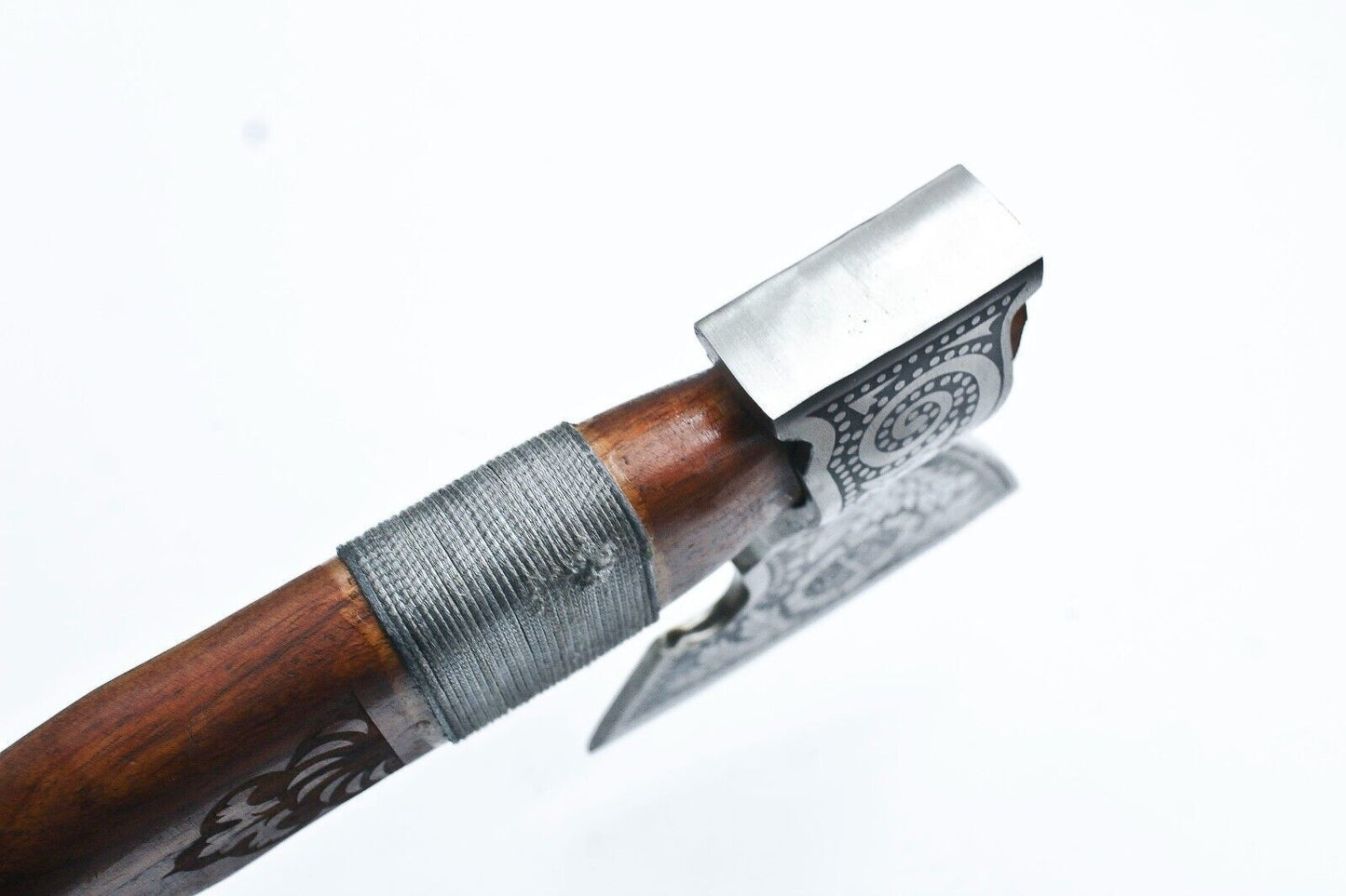 Handmade Carbon Steel Viking Throwing Axe with Carved Ashwood Handle and Leather Sheath