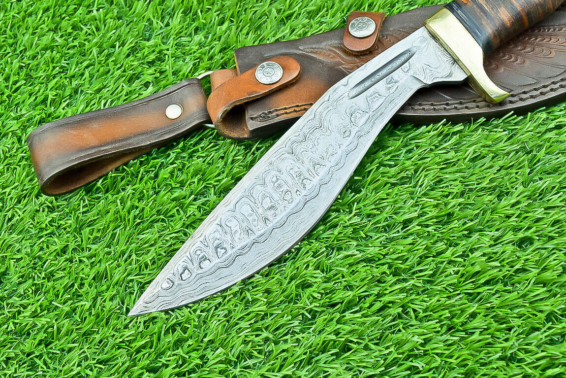 12 Inch Handmade Damascus Kukri Knife with Leather Handle