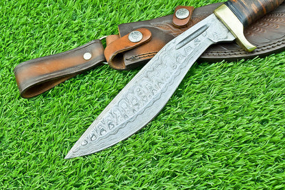 12 Inch Handmade Damascus Kukri Knife with Leather Handle