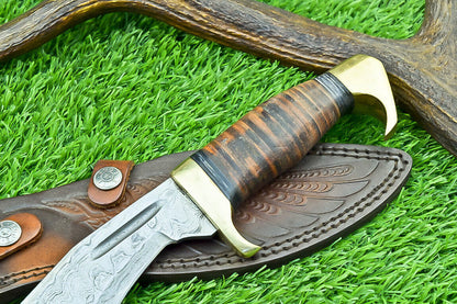 12 Inch Handmade Damascus Kukri Knife with Leather Handle