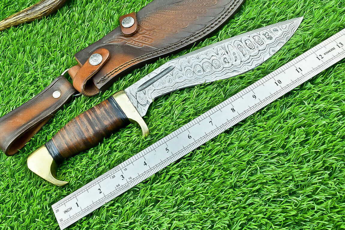 12 Inch Handmade Damascus Kukri Knife with Leather Handle