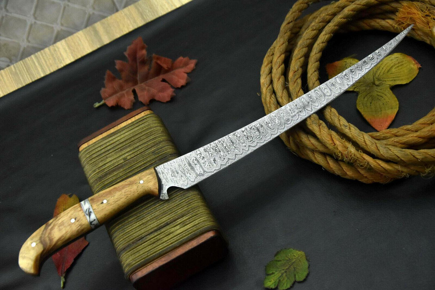 Custom Damascus Steel Fillet Knife Damascus Fillet Knife Olive & Walnut Handle W/Sheath