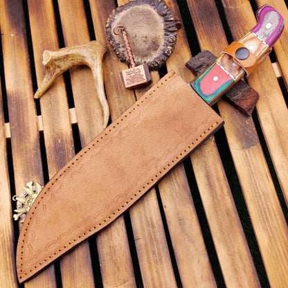 15 Inch Hand Forged Damascus Bowie Knife with Wood Handle and Leather Sheath