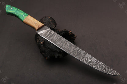 14" Hand Forged Fire Damascus Steel Fillet Knife For Kitchen Use Best Fillet Knife W/Sheath
