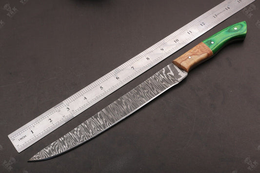 14" Hand Forged Fire Damascus Steel Fillet Knife For Kitchen Use Best Fillet Knife W/Sheath