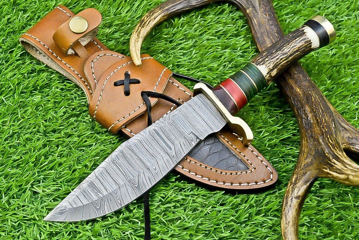 10" Handmade Damascus Steel Bowie Knife with Stag Antler & Wood Handle