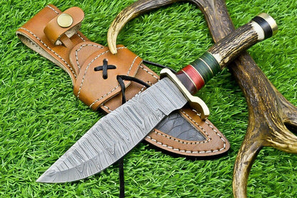 10" Handmade Damascus Steel Bowie Knife with Stag Antler & Wood Handle