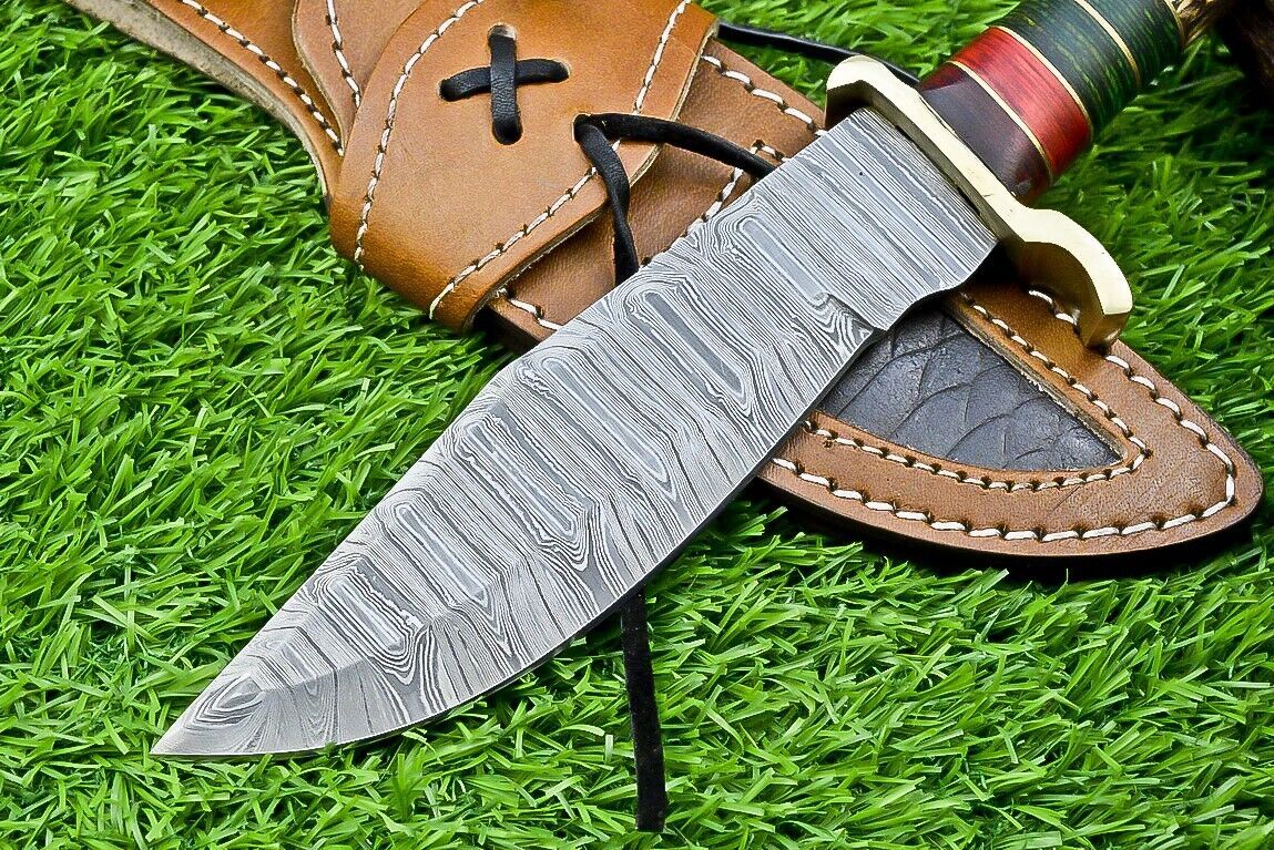 10" Handmade Damascus Steel Bowie Knife with Stag Antler & Wood Handle