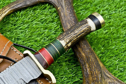 10" Handmade Damascus Steel Bowie Knife with Stag Antler & Wood Handle