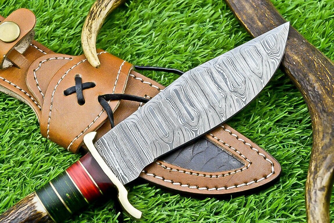10" Handmade Damascus Steel Bowie Knife with Stag Antler & Wood Handle