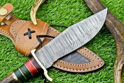 10" Handmade Damascus Steel Bowie Knife with Stag Antler & Wood Handle