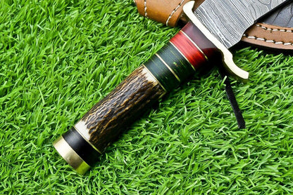 10" Handmade Damascus Steel Bowie Knife with Stag Antler & Wood Handle