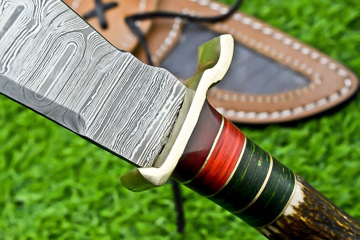 10" Handmade Damascus Steel Bowie Knife with Stag Antler & Wood Handle
