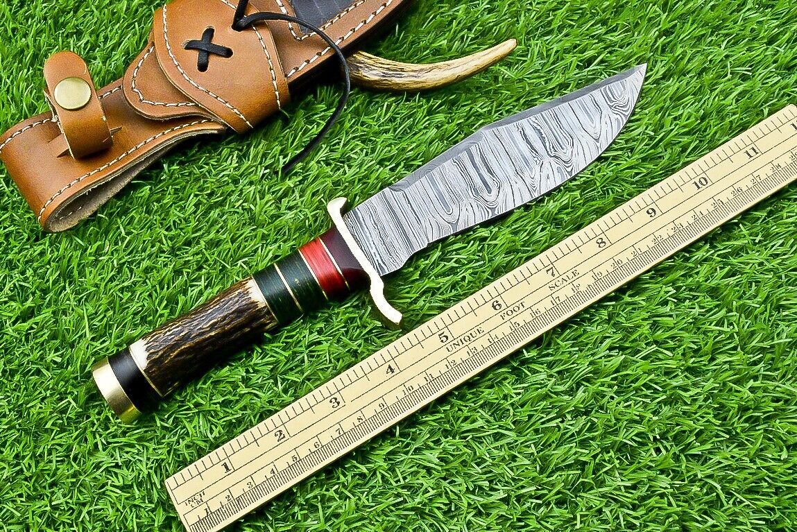 10" Handmade Damascus Steel Bowie Knife with Stag Antler & Wood Handle