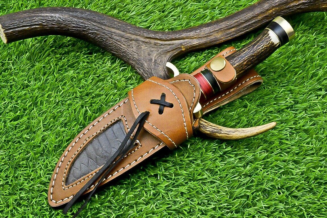 10" Handmade Damascus Steel Bowie Knife with Stag Antler & Wood Handle
