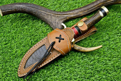 10" Handmade Damascus Steel Bowie Knife with Stag Antler & Wood Handle