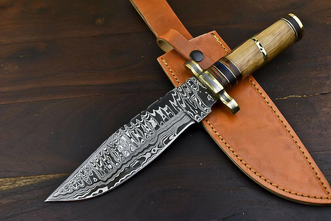 12.6" Damascus Steel Bowie Knife with Olive Wood Handle
