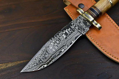 12.6" Damascus Steel Bowie Knife with Olive Wood Handle
