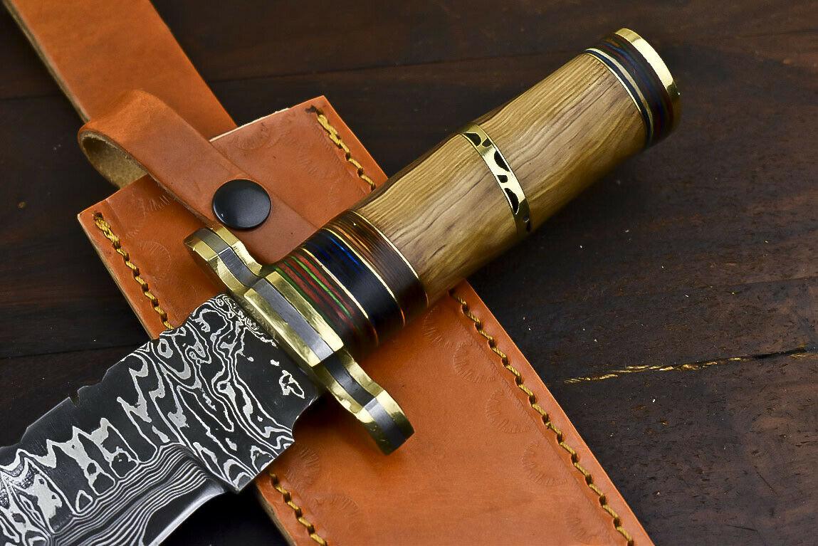 12.6" Damascus Steel Bowie Knife with Olive Wood Handle