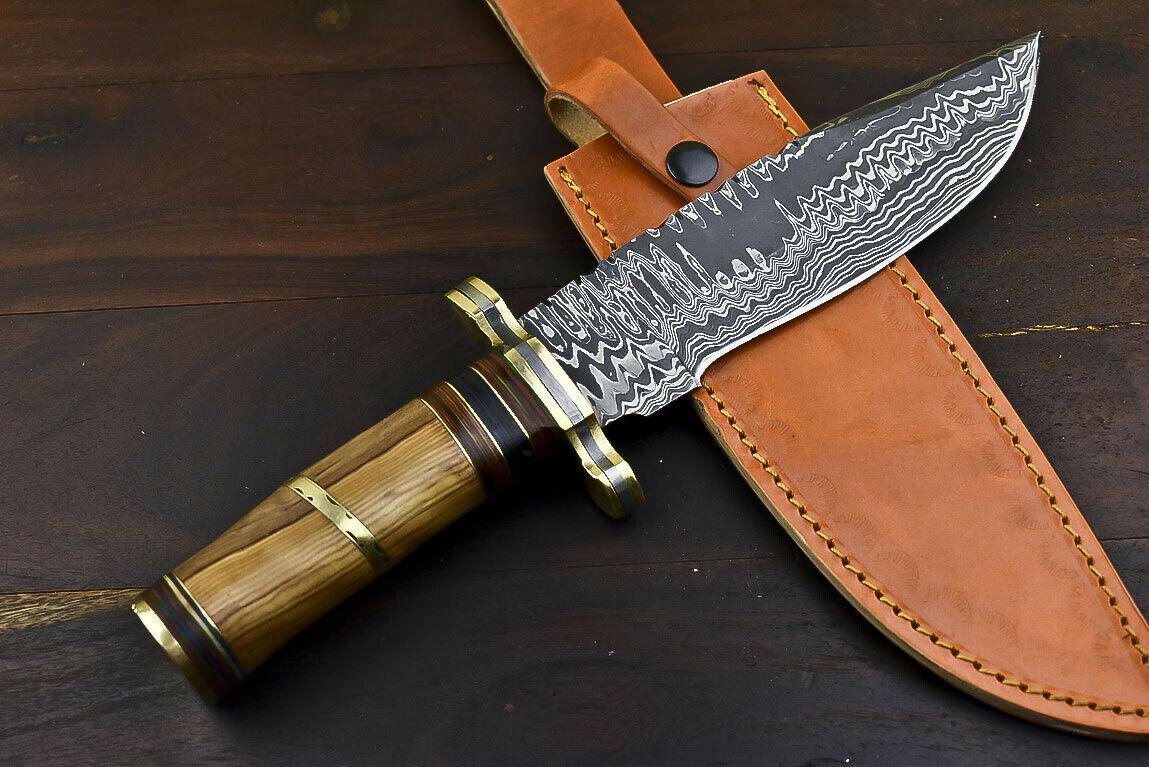 12.6" Damascus Steel Bowie Knife with Olive Wood Handle