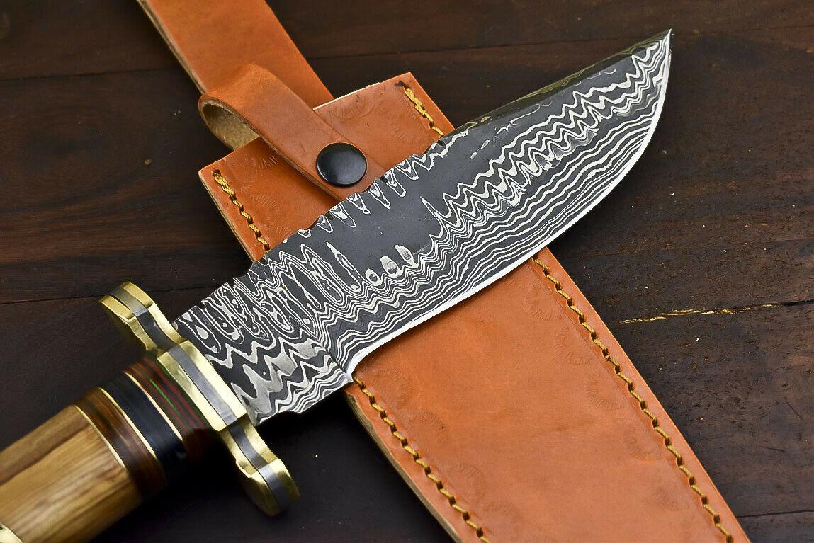 12.6" Handmade Damascus Bowie Knife – Olive Wood Handle & Leather Sheath