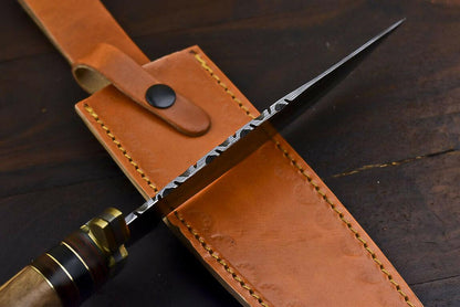 12.6" Handmade Damascus Bowie Knife – Olive Wood Handle & Leather Sheath