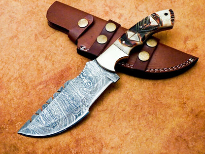 10" Damascus Steel Bowie Knife with Camel Bone Handle – Full Tang Tracker Design