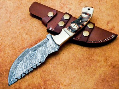 10" Damascus Steel Bowie Knife with Camel Bone Handle – Full Tang Tracker Design