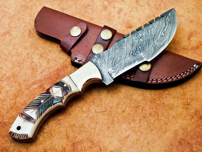 10" Damascus Steel Bowie Knife with Camel Bone Handle – Full Tang Tracker Design