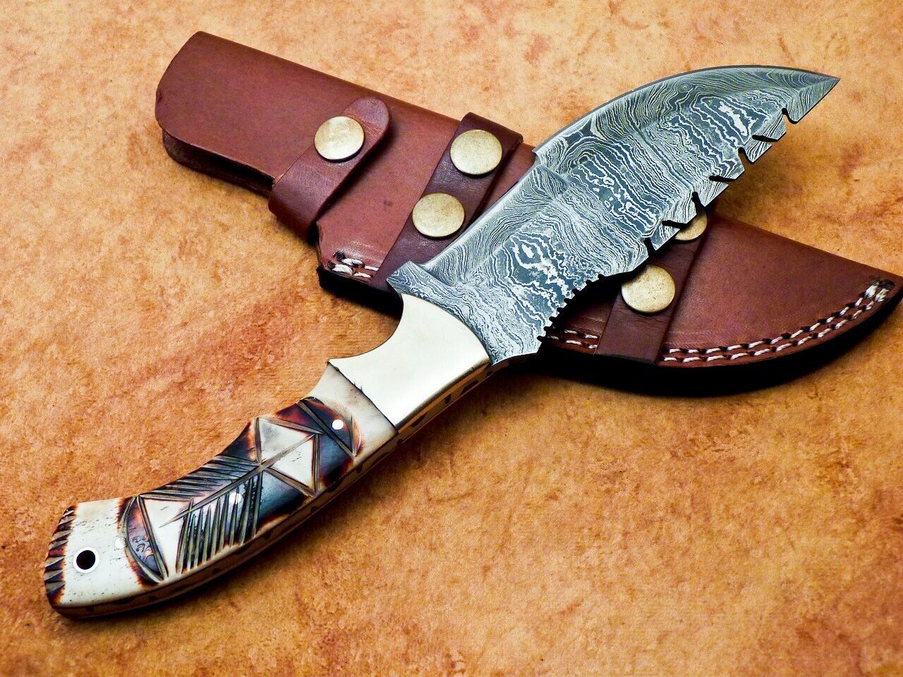 10" Damascus Steel Bowie Knife with Camel Bone Handle – Full Tang Tracker Design