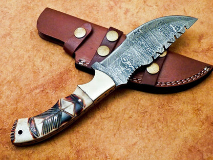 10" Damascus Steel Bowie Knife with Camel Bone Handle – Full Tang Tracker Design