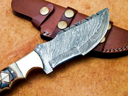10" Damascus Steel Bowie Knife with Camel Bone Handle – Full Tang Tracker Design