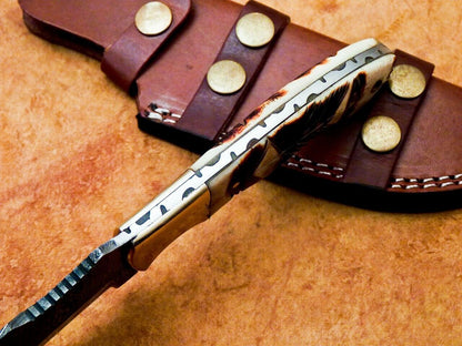10" Damascus Steel Bowie Knife with Camel Bone Handle – Full Tang Tracker Design