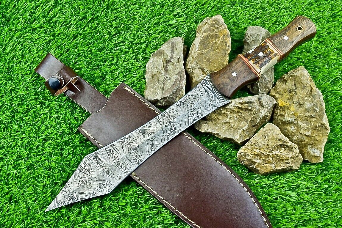14.5 Inch Damascus Steel Bowie Dagger with Stag Horn and Natural Wood Handle