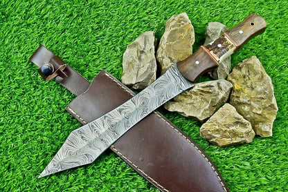14.5 Inch Damascus Steel Bowie Dagger with Stag Horn and Natural Wood Handle