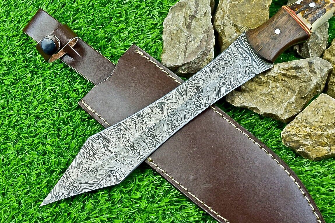 14.5 Inch Damascus Steel Bowie Dagger with Stag Horn and Natural Wood Handle