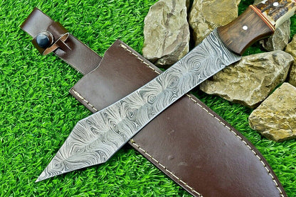 14.5 Inch Damascus Steel Bowie Dagger with Stag Horn and Natural Wood Handle