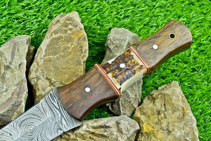 14.5 Inch Damascus Steel Bowie Dagger with Stag Horn and Natural Wood Handle