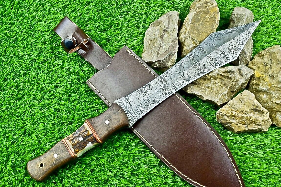 14.5 Inch Damascus Steel Bowie Dagger with Stag Horn and Natural Wood Handle