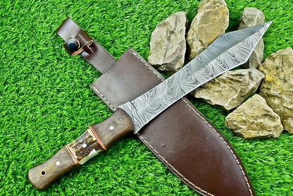 14.5 Inch Damascus Steel Bowie Dagger with Stag Horn and Natural Wood Handle