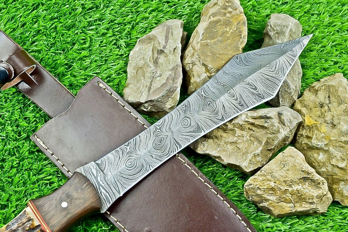 14.5 Inch Damascus Steel Bowie Dagger with Stag Horn and Natural Wood Handle